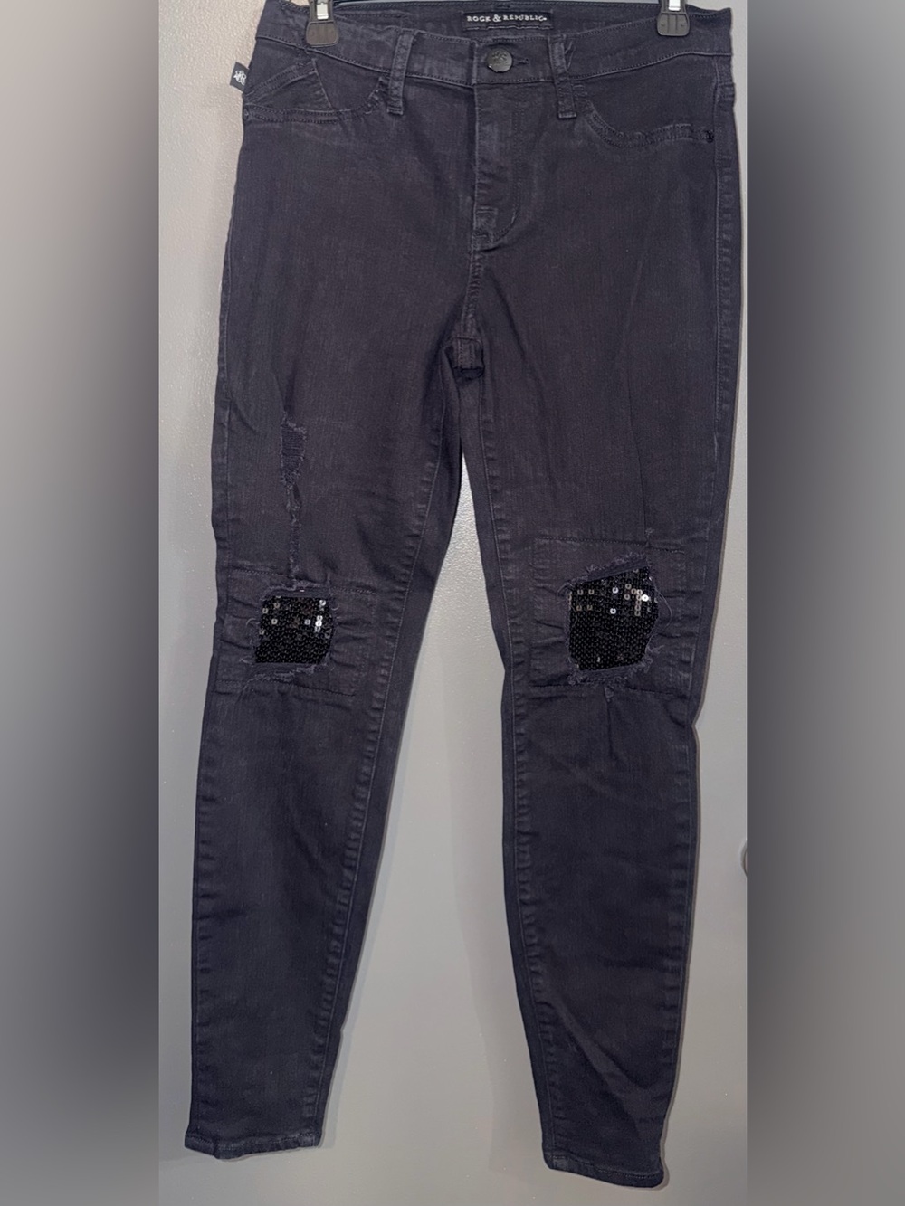 Rock & Republic Black Sequin Patch Skinny Jeans Size 10                     #7